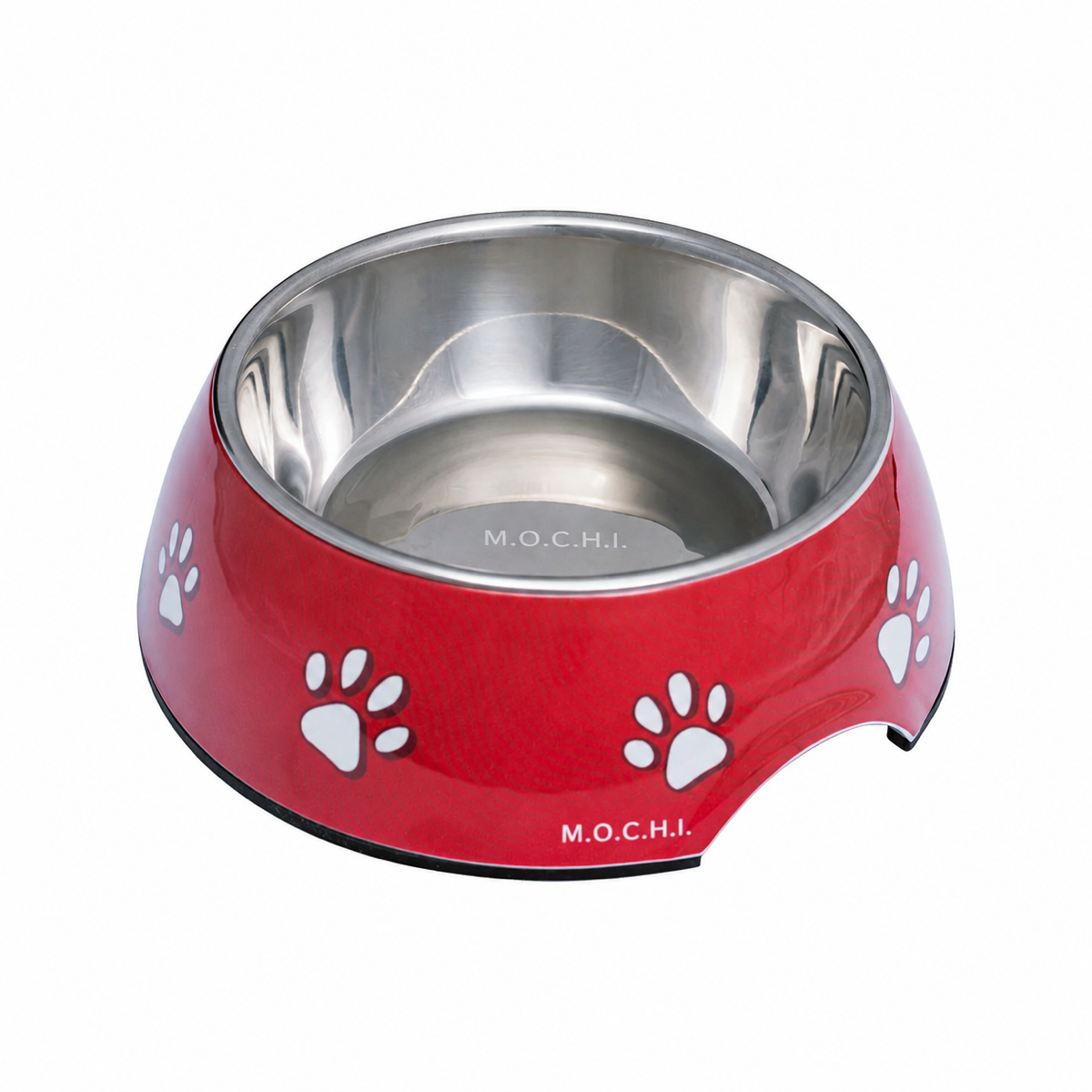 Red pet bowl with M.O.C.H.I. branding