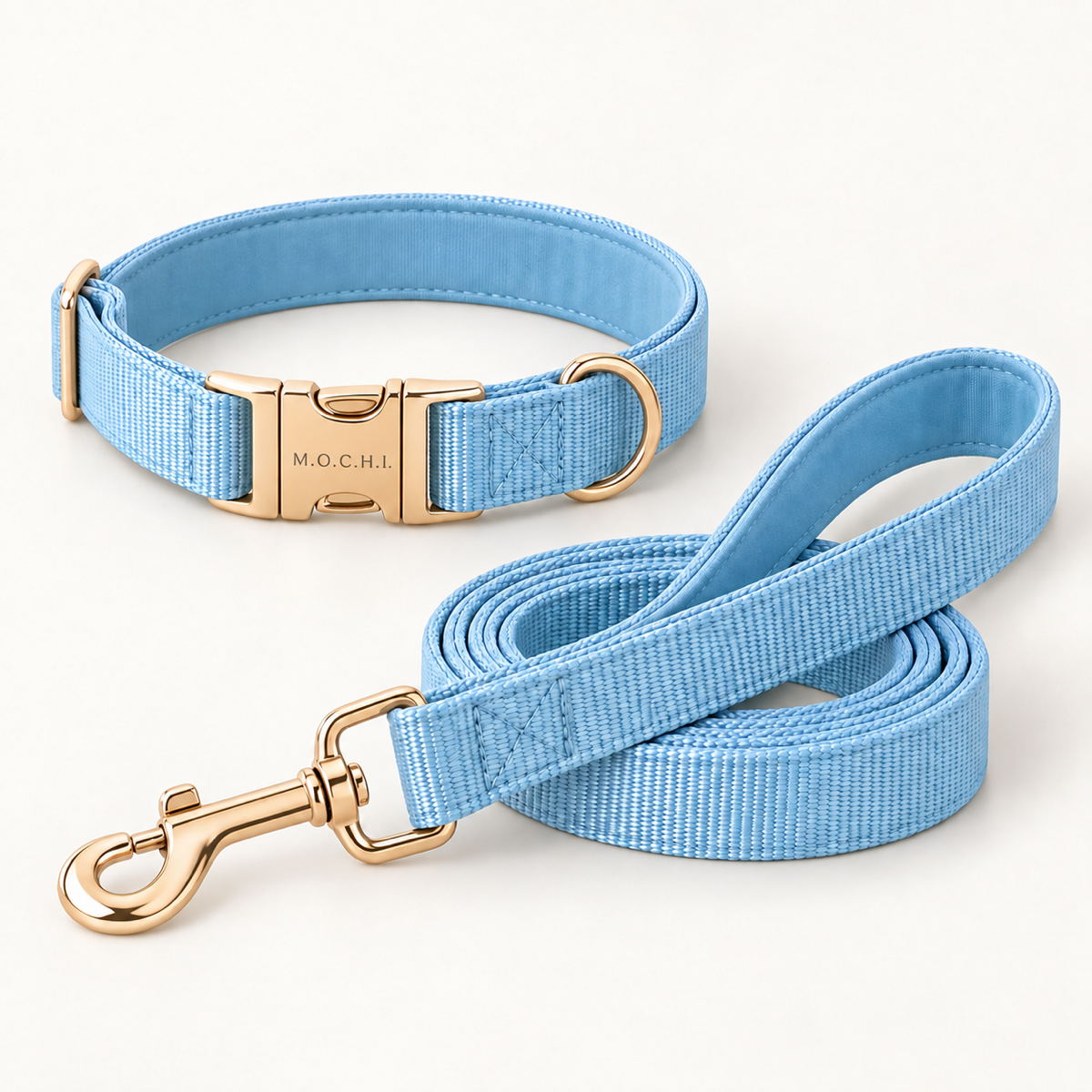 Blue dog collar and leash set with M.O.C.H.I. branding