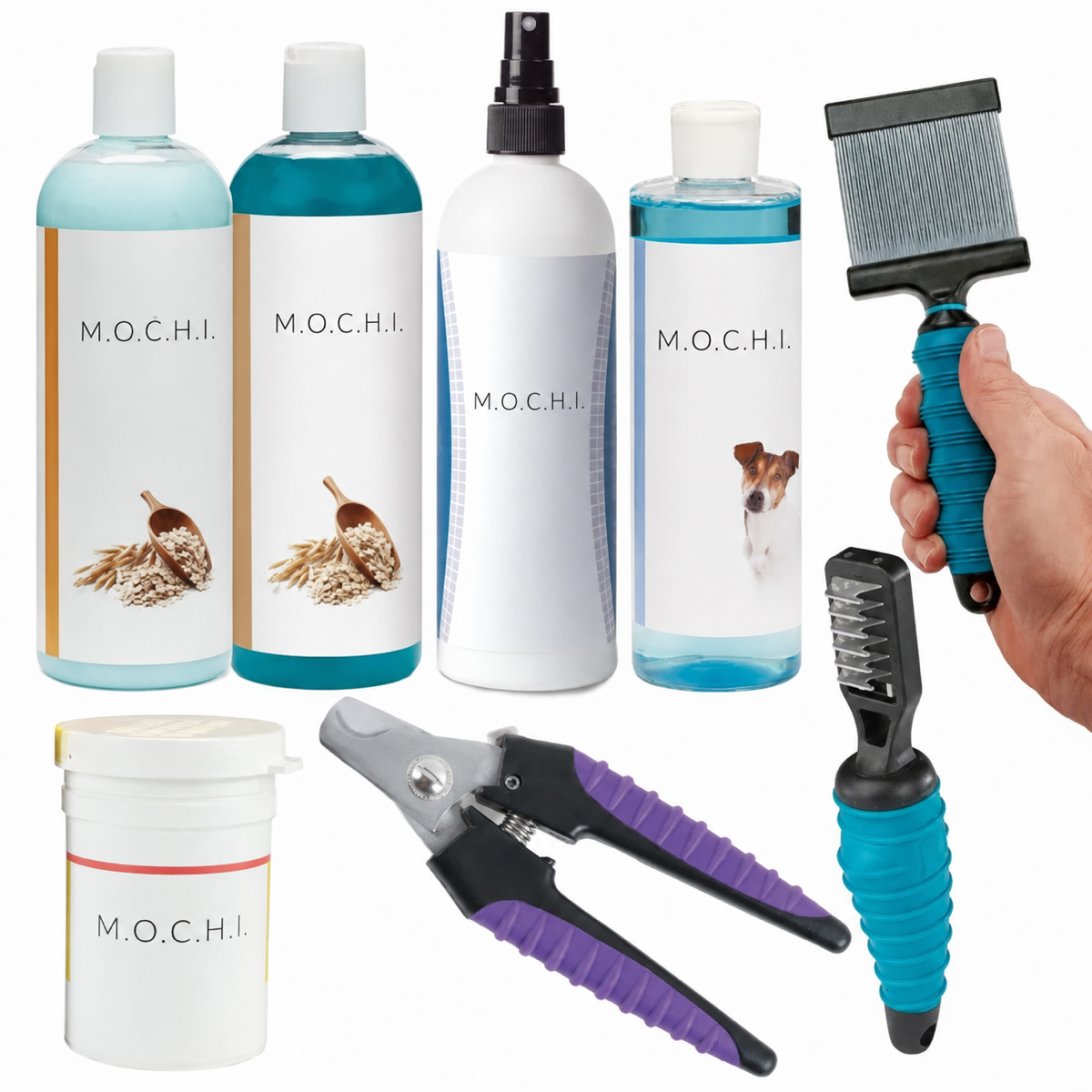 Pet grooming and hygiene supplies with M.O.C.H.I. branding