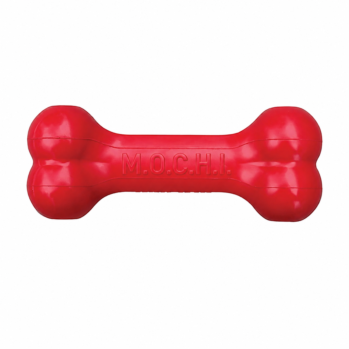 Red rubber dog toy with M.O.C.H.I. branding